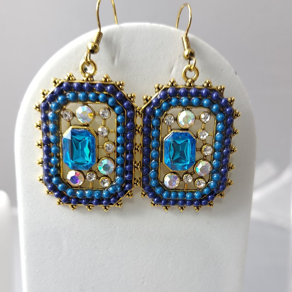 Beaded Navy and Turquoise Dangle Earrings with Sparkling Stones